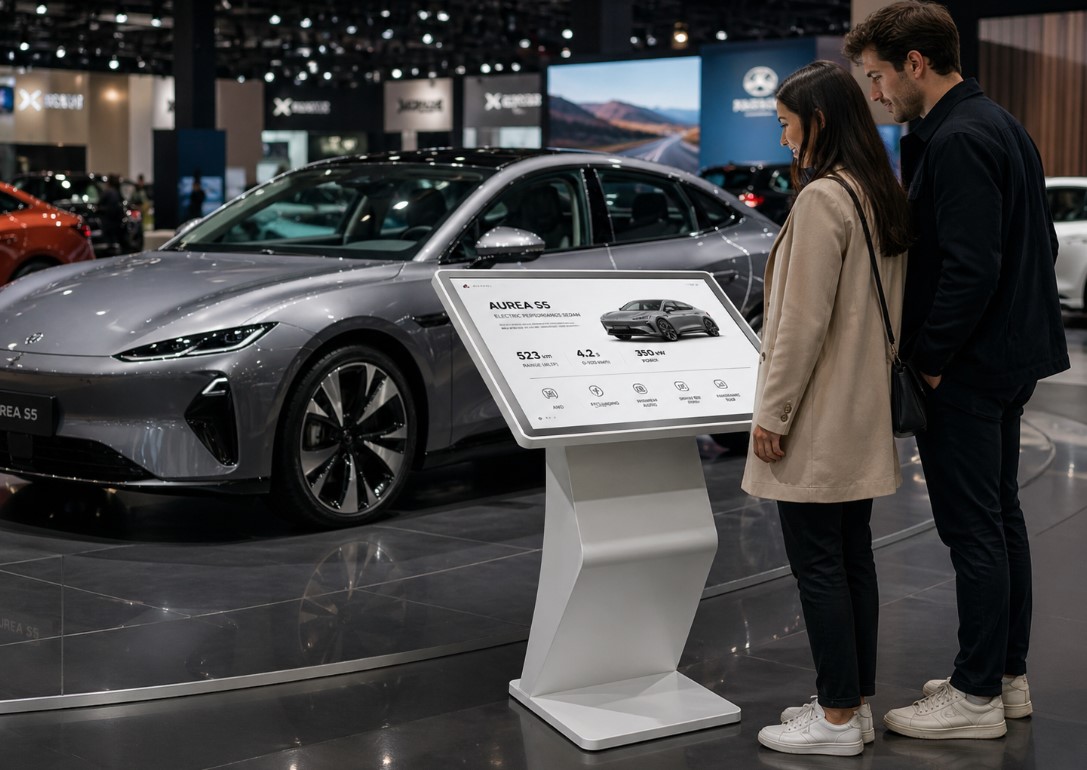 На выставке автомобилей стоит интерактивный стенд с описанием модели