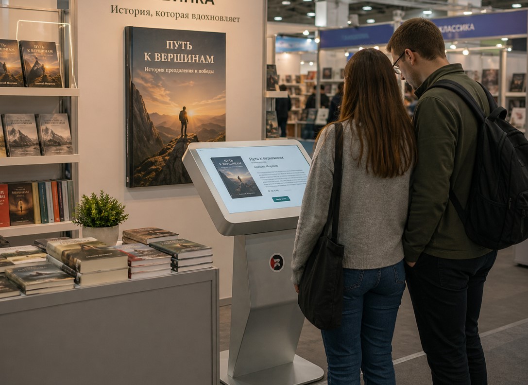 На книжкой выставке стоит интерактивное оборудование с презентацией нового произведения
